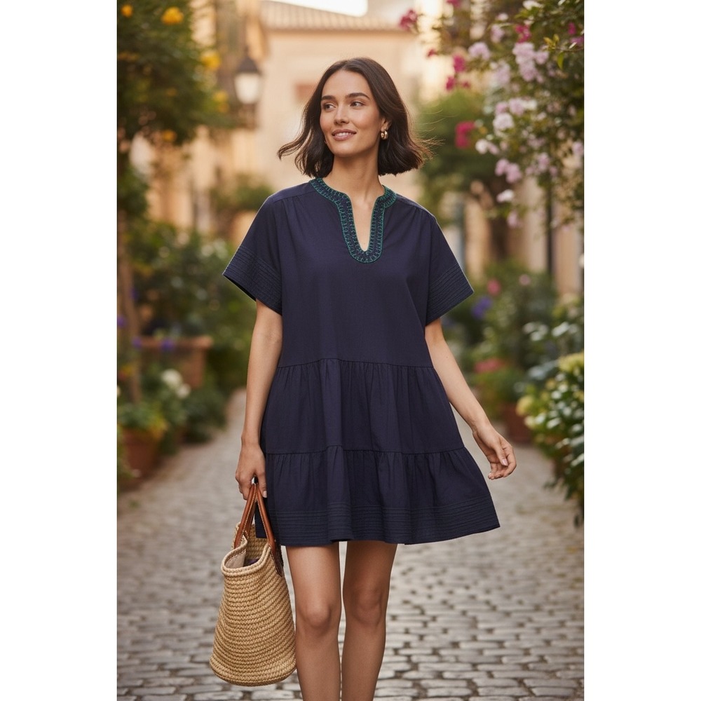 Pomander Place Navy Kinsley Cotton Mini Dress Green Stitching Y24286T Medium